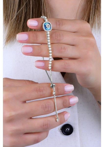 Gümüş Rodyumlu Zirkon Taşlı Kare Nazar Boncuklu Asansörlü Cam Göz Su Yolu Bileklik SGTL12946RODAJ fiyatları