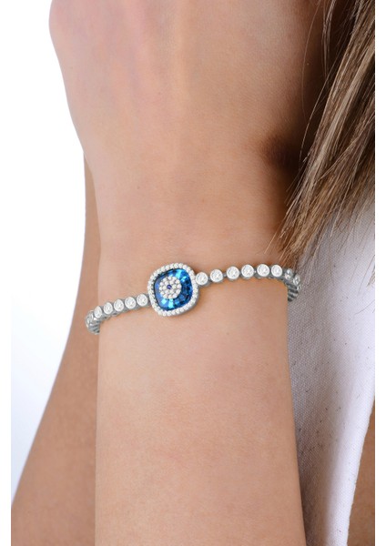 Gümüş Rodyumlu Zirkon Taşlı Kare Nazar Boncuklu Asansörlü Cam Göz Su Yolu Bileklik SGTL12946RODAJ modelleri