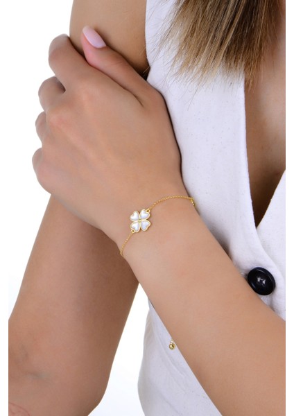 Gümüş Altın Yaldızlı Sedef ve Zirkon Taşlı Kalp Detaylı Asansörlü Yonca Bileklik SGTL12949GOLD fiyatları