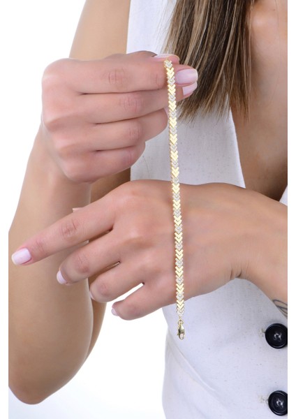 Gümüş Altın Yaldızlı Zirkon Taşlı Aynalı V Model Uzay Yolu Bileklik SGTL12897GOLD