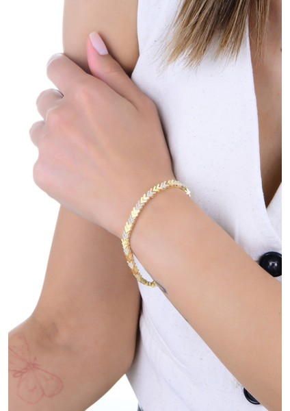 Gümüş Altın Yaldızlı Zirkon Taşlı Aynalı V Model Uzay Yolu Bileklik SGTL12897GOLD fiyatları