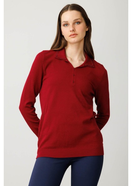 Kadın Polo Yaka Nakış Işlemeli Ligralı Bluz Vişne