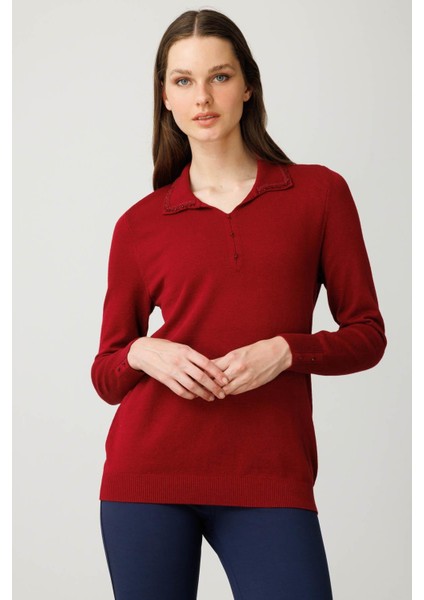 Kadın Polo Yaka Nakış Işlemeli Ligralı Bluz Vişne fiyatları