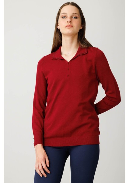 Kadın Polo Yaka Nakış Işlemeli Ligralı Bluz Vişne fırsatları
