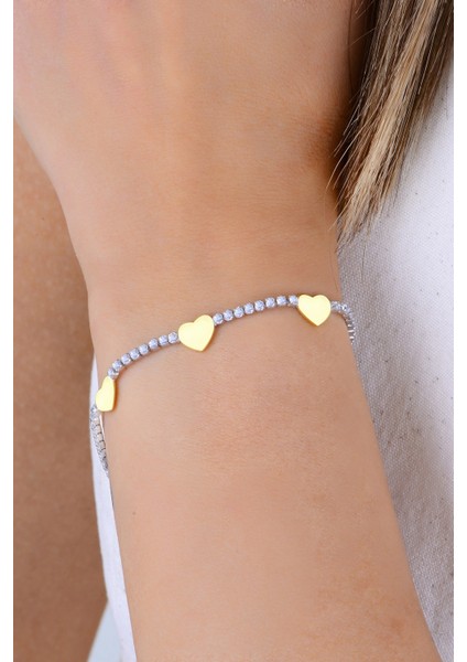 Gümüş Rodyumlu ve Altın Yaldızlı Zirkon Taşlı Altın Kalpler Su Yolu Bileklik. SGTL12901 modelleri