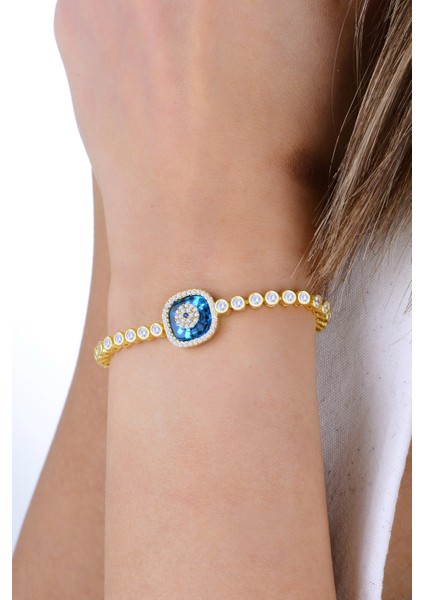 Gümüş Altın Yaldızlı Zirkon Taşlı Kare Nazar Boncuklu Asansörlü Cam Göz Su Yolu Bileklik SGTL12946GOLD modelleri