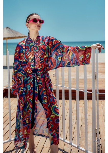 Remsa Tesettür Mayo Üzerine Tek Kaftan Kimono Pareo LACIVERT01 RP029 Tuna