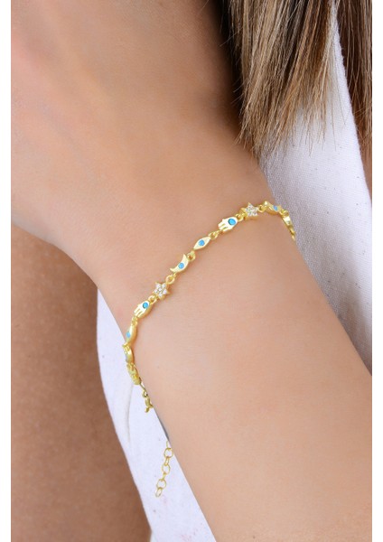 Gümüş Altın Yaldızlı Firuze ve Zirkon Taşlı Şans ve Bereket Bilekliği SGTL12939GOLD