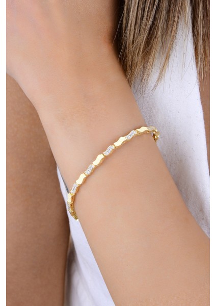 Gümüş Altın Yaldızlı Zirkon Taşlı Dalgalı Işıltılı Bileklik SGTL12895GOLD modelleri
