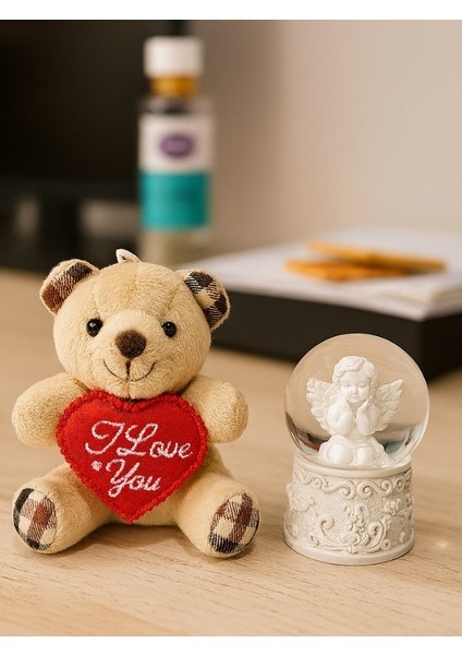 Sevimli Mini Peluş Ayıcık ve Mini Melek Kar Küresi Set Bej Rengi