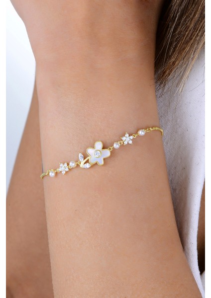 Gümüş Altın Yaldızlı Sedef ve Zirkon Taşlı Inci Çiçeği Bileklik SGTL12922GOLD