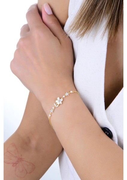 Gümüş Altın Yaldızlı Sedef ve Zirkon Taşlı Inci Çiçeği Bileklik SGTL12922GOLD modelleri