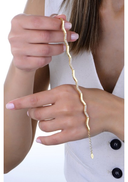 Gümüş Altın Yaldızlı Zirkon Taşlı Dalgalı Ajda Modeli Bileklik SGTL12896GOLD