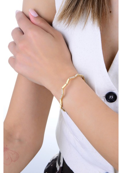 Gümüş Altın Yaldızlı Zirkon Taşlı Dalgalı Ajda Modeli Bileklik SGTL12896GOLD fiyatları