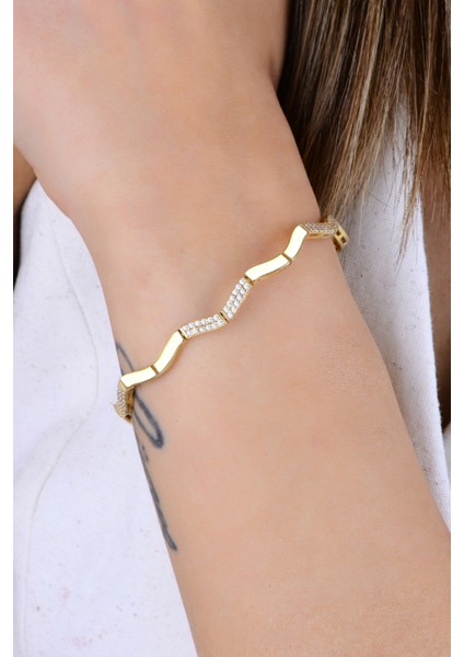 Gümüş Altın Yaldızlı Zirkon Taşlı Dalgalı Ajda Modeli Bileklik SGTL12896GOLD modelleri