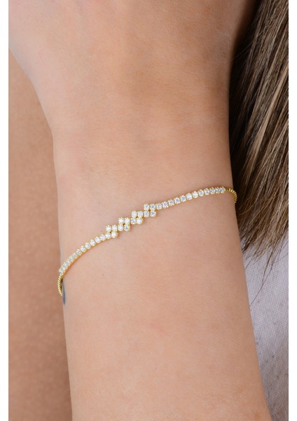 Gümüş Altın Yaldızlı Pırlanta Modeli Zirkon Taşlı Modern Işıltı Su Yolu Bileklik SGTL12906GOLD