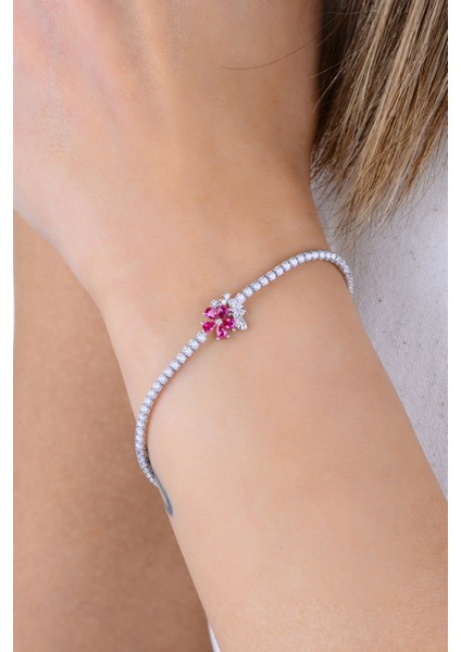 Gümüş Rodyumlu Pırlanta Modeli Fuşya Zirkon Taşlı Bahar Çiçekleri Su Yolu Bileklik SGTL12902FUSYA