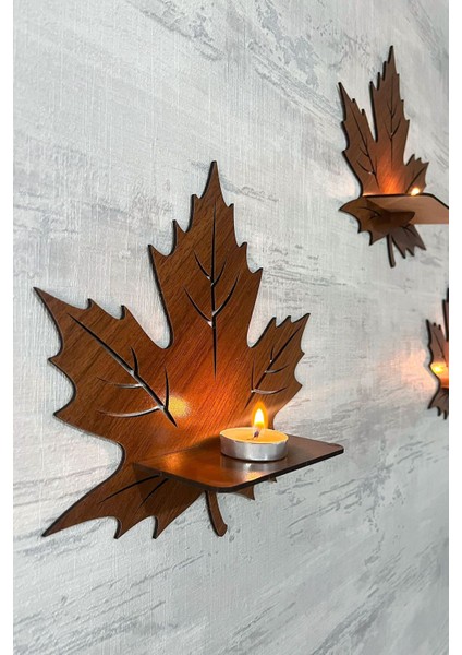 Dekoratif Ceviz Yaprak Desen Duvar Rafı 3 Lü Set (25 Cm) Duvar Mumluğu - Mumluk Raf - Ahşap Desen