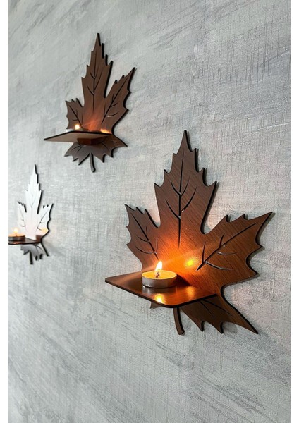 Dekoratif Ceviz Yaprak Desen Duvar Rafı 3 Lü Set (25 Cm) Duvar Mumluğu - Mumluk Raf - Ahşap Desen modelleri