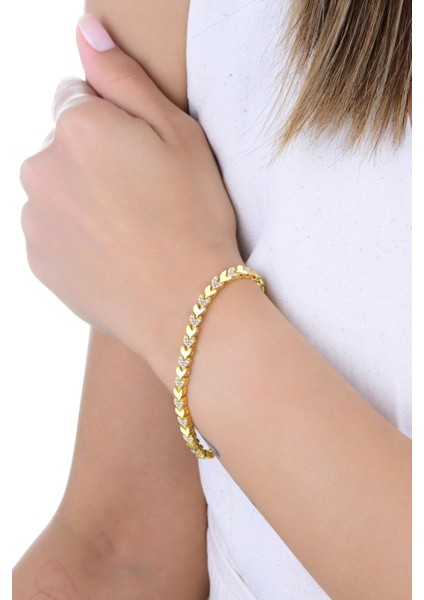 Gümüş Altın Yaldızlı Zirkon Taşlı Yaprak Yolu Bileklik SGTL12899GOLD