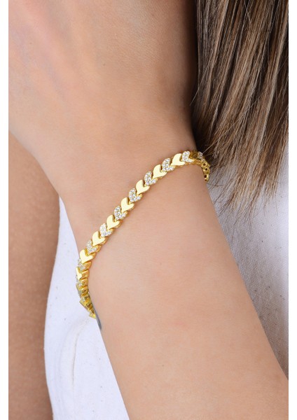 Gümüş Altın Yaldızlı Zirkon Taşlı Yaprak Yolu Bileklik SGTL12899GOLD modelleri