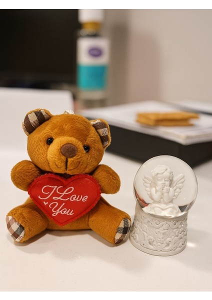 Sevimli Mini Peluş Ayıcık ve Mini Melek Kar Küresi Set Kahverengi