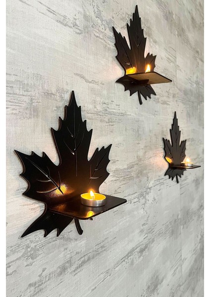 Dekoratif Yaprak Desen Duvar Rafı 3 Lü Set (23 Cm) Duvar Mumluğu - Mumluk Raf