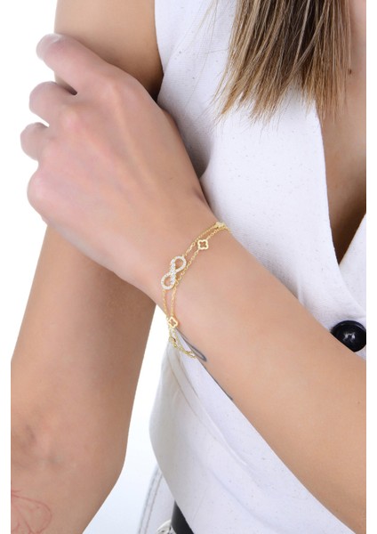 Gümüş Altın Yaldızlı Baget Kesim Zirkon Taşlı Çift Zincirli Sonsuzluk Yonca Bileklik SGTL12935GOLD fiyatları