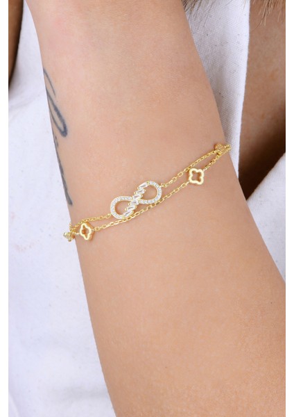 Gümüş Altın Yaldızlı Baget Kesim Zirkon Taşlı Çift Zincirli Sonsuzluk Yonca Bileklik SGTL12935GOLD modelleri