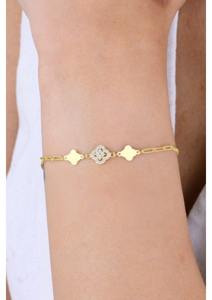 Gümüş Altın Yaldızlı Zirkon Taşlı Ataç Zincir Detaylı Yonca Modeli Bileklik SGTL12918GOLD modelleri