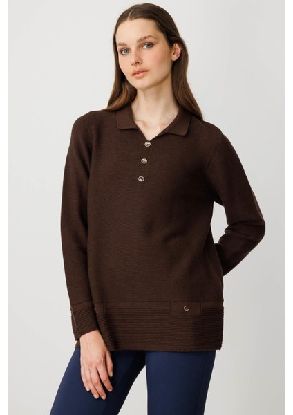 Kadın Polo Yaka Sahte Cepli Bluz Kahve