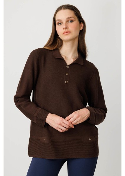 Kadın Polo Yaka Sahte Cepli Bluz Kahve fiyatları