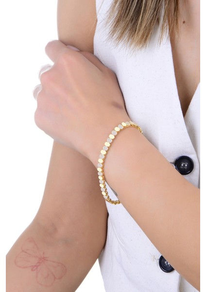 Gümüş Altın Yaldızlı Zirkon Taşlı Elips Modeli Sıralı Bileklik SGTL12893GOLD fiyatları