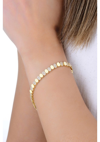 Gümüş Altın Yaldızlı Zirkon Taşlı Elips Modeli Sıralı Bileklik SGTL12893GOLD modelleri