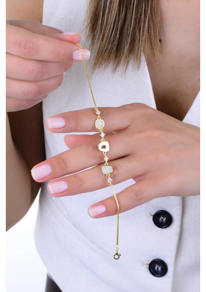 Gümüş Altın Yaldızlı Sedef ve Zirkon Taşlı Ahenk Bileklik SGTL12920GOLD