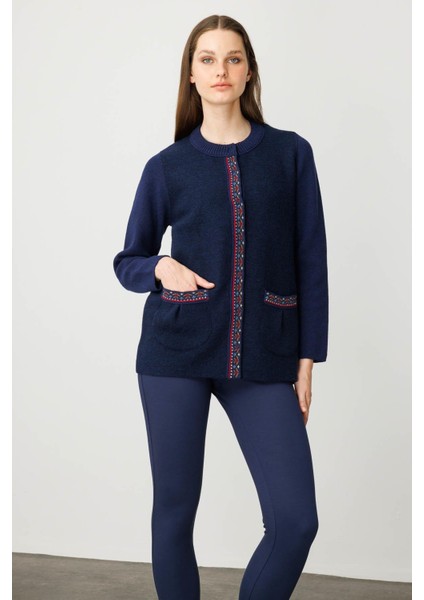 Kadın Sıfır Yaka Önü Keçe Kısa Yün Ceket Y.a Lacivert