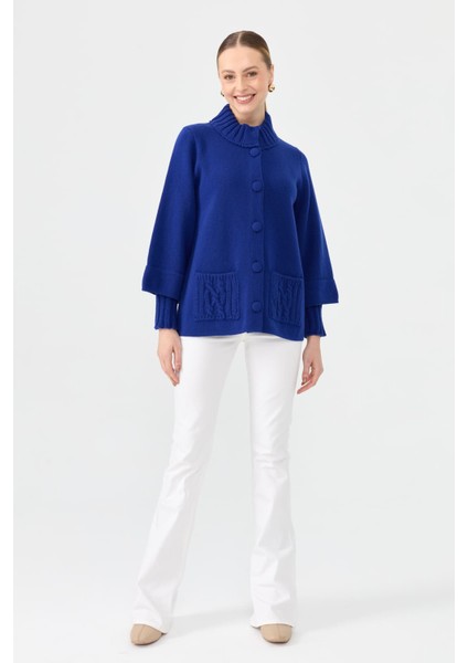 Kadın Dik Yaka Truvakar Kol Kısa Yün Ceket K.s.mavi