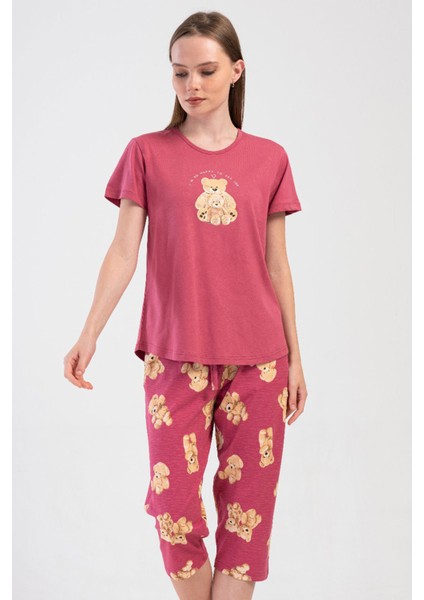 Pamuklu Kadın Kısa Kol Kaprili Pijama Takım , 409085