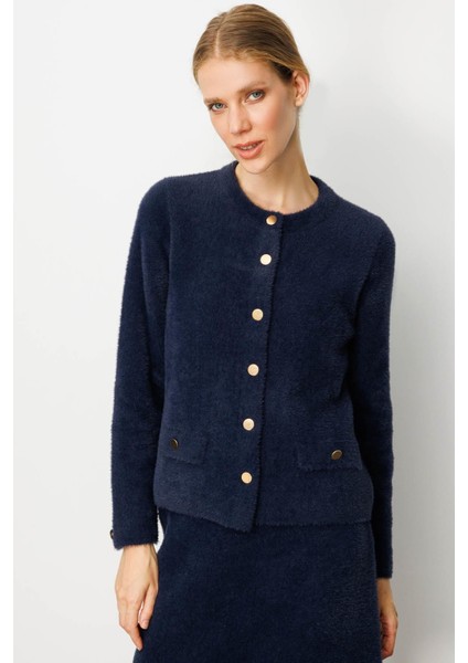 Kadın Sıfır Yaka Metal Düğmeli Afrodit Kısa Triko Ceket Lacivert