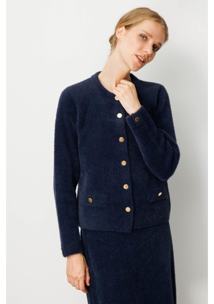 Kadın Sıfır Yaka Metal Düğmeli Afrodit Kısa Triko Ceket Lacivert modelleri