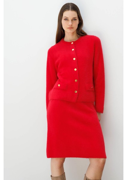 Kadın Sıfır Yaka Metal Düğmeli Afrodit Kısa Triko Ceket Y.kırmızı