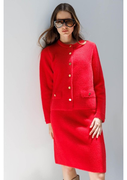 Kadın Sıfır Yaka Metal Düğmeli Afrodit Kısa Triko Ceket Y.kırmızı fiyatları