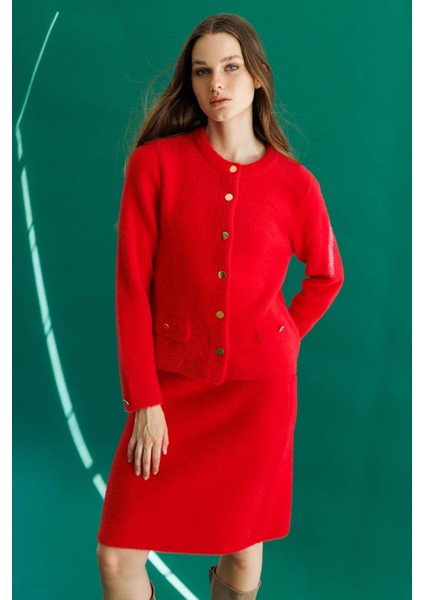 Kadın Sıfır Yaka Metal Düğmeli Afrodit Kısa Triko Ceket Y.kırmızı modelleri