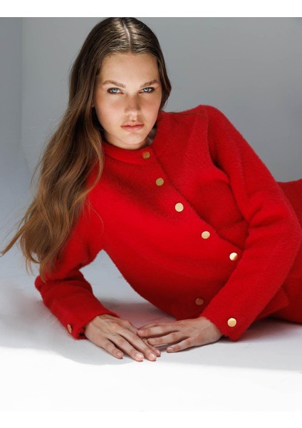 Kadın Sıfır Yaka Metal Düğmeli Afrodit Kısa Triko Ceket Y.kırmızı fırsatları