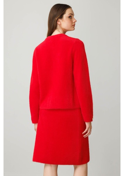 Kadın Sıfır Yaka Metal Düğmeli Afrodit Kısa Triko Ceket Y.kırmızı indirimleri