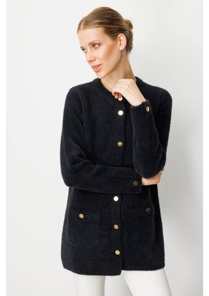 Kadın Sıfır Yaka Metal Düğmeli Araboy Afrodit Triko Ceket Siyah