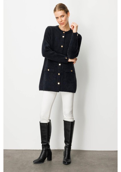 Kadın Sıfır Yaka Metal Düğmeli Araboy Afrodit Triko Ceket Siyah fırsatları