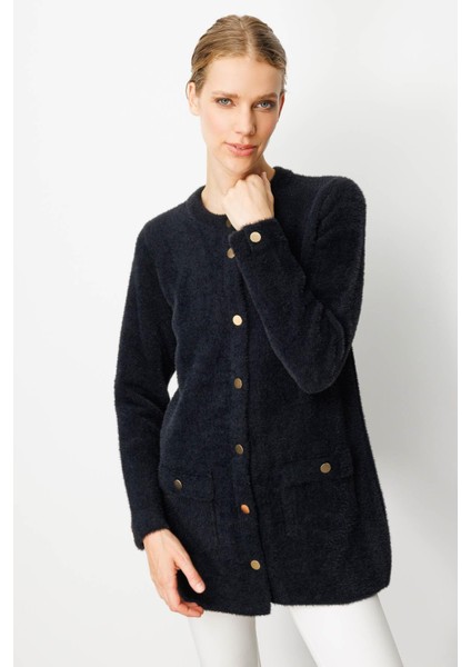 Kadın Sıfır Yaka Metal Düğmeli Araboy Afrodit Triko Ceket Siyah indirimleri