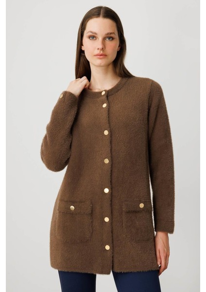 Kadın Sıfır Yaka Metal Düğmeli Araboy Afrodit Triko Ceket Kahve