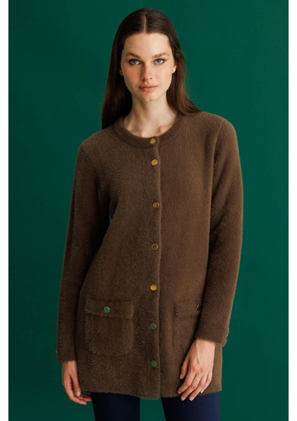 Kadın Sıfır Yaka Metal Düğmeli Araboy Afrodit Triko Ceket Kahve fiyatları